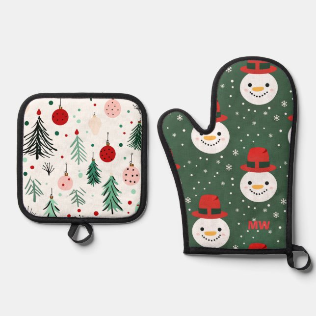Cute Christmas Snowman Oven Mitt & Pot Holder Set (Front)