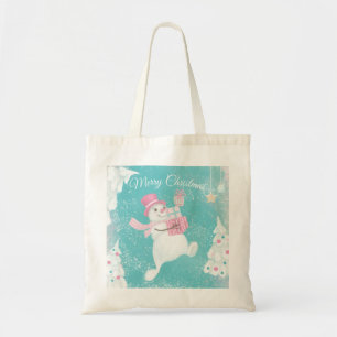 Cute Christmas Snowman Pink and Mint Tote Bag