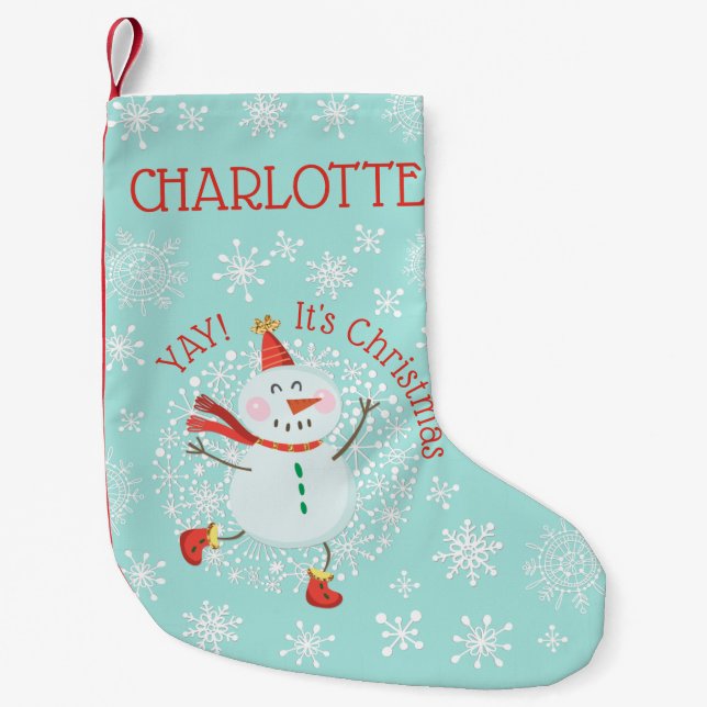 Cute Christmas Snowman Snowflakes Personalized Small Christmas Stocking (Front)