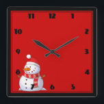 Cute Christmas Snowman Square Wall Clock<br><div class="desc">A cute Christmas snowman who is kind of chubby and jolly wearing  a striped scarf and a red christmas hat. Festive and fun.</div>