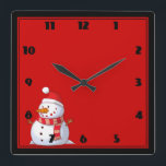 Cute Christmas Snowman Square Wall Clock<br><div class="desc">A cute Christmas snowman who is kind of chubby and jolly wearing a striped scarf and a red christmas hat. Festive and fun.</div>
