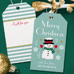Cute Christmas Snowman Teal Editable Name Gift Tags<br><div class="desc">Add a little whimsical charm to the holiday season with these fun personalized gift tags. A Merry Christmas design with snowflakes and stars, and a happy snowman wearing a hat, scarf and mittens. This editable template includes your name on the front, and a place for the recipient's name on the...</div>