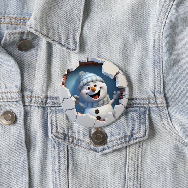 Cute Christmas snowman through wall illustrated 3 Inch Round Button (In Situ)