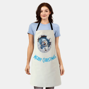 Cute Christmas snowman through wall illustrated Apron