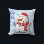 Cute Christmas Snowman Throw Pillow<br><div class="desc">A cute Christmas snowman who is kind of chubby and jolly wearing  a striped scarf and a red christmas hat. Snowflakes and bokeh style lighting make up the background.</div>