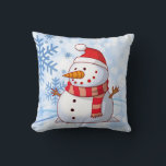 Cute Christmas Snowman Throw Pillow<br><div class="desc">A cute Christmas snowman who is kind of chubby and jolly wearing  a striped scarf and a red christmas hat. Snowflakes and bokeh style lighting make up the background.</div>