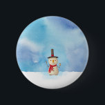 Cute Christmas Snowman Waving And Smiling 2 Inch Round Button<br><div class="desc">A badge with a cute snowman illustration. He is wearing a black stovepipe hat, holding a classic corn cob pipe, and wearing a red scarf. Standing in the cold white snow smiling and waving hello. The background is composed of a watercolor sky with blue and purple colours blending and mingling...</div>