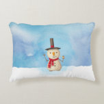 Cute Christmas Snowman Waving And Smiling Accent Pillow<br><div class="desc">Pillow with a cute snowman illustration. He is wearing a black stovepipe hat, holding a classic corn cob pipe, and wearing a red scarf. Standing in the cold white snow smiling and waving hello. The background is composed of a watercolor sky with blue and purple colours blending and mingling together....</div>