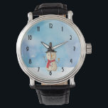 Cute Christmas Snowman Waving And Smiling Watch<br><div class="desc">Modern watch with a cute snowman illustration. He is wearing a black stovepipe hat, holding a classic corn cob pipe, and wearing a red scarf. Standing in the cold white snow smiling and waving hello. The background is composed of a watercolor sky with blue and purple colours blending and mingling...</div>