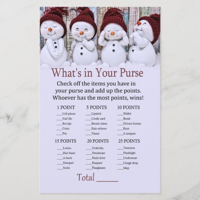 Cute Christmas Snowman What's in your purse game (Front)