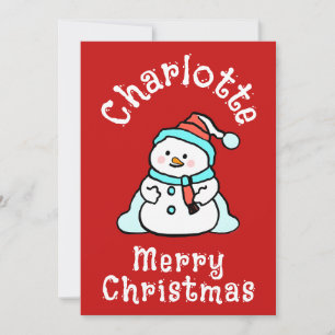 Cute Christmas Snowman With Name Red Christmas Holiday Card
