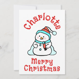 Cute Christmas Snowman With Name   White Christmas Holiday Card