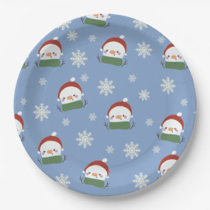 Cute Christmas Snowman with Snowflakes Paper Plate
