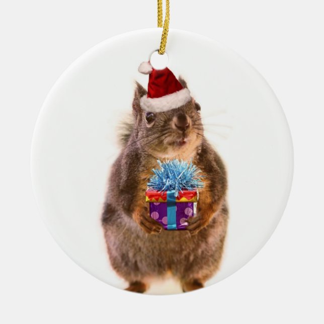 Cute Christmas Squirrel and Gift Ceramic Ornament (Front)