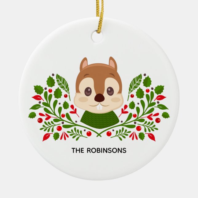 Cute Christmas Squirrel Photo Ceramic Ornament (Front)