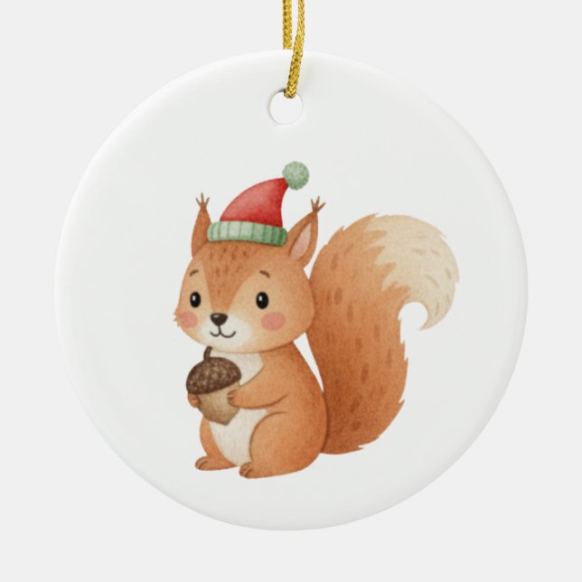 Cute Christmas Squirrel with Acorn Sticker Ceramic Ornament (Front)