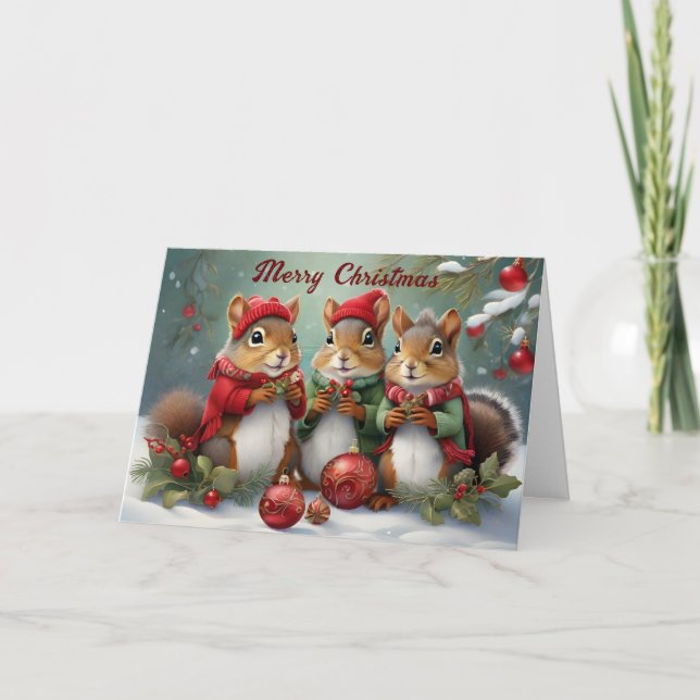 Cute Christmas Squirrels Charming  Card (Front)