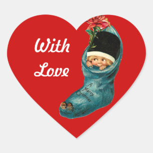 Cute Christmas Stocking and Little Child,Red Heart Sticker