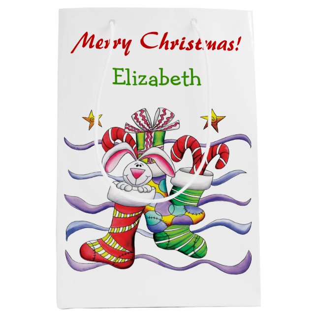 Cute Christmas Stocking Bunny Personalized Medium Gift Bag (Front)