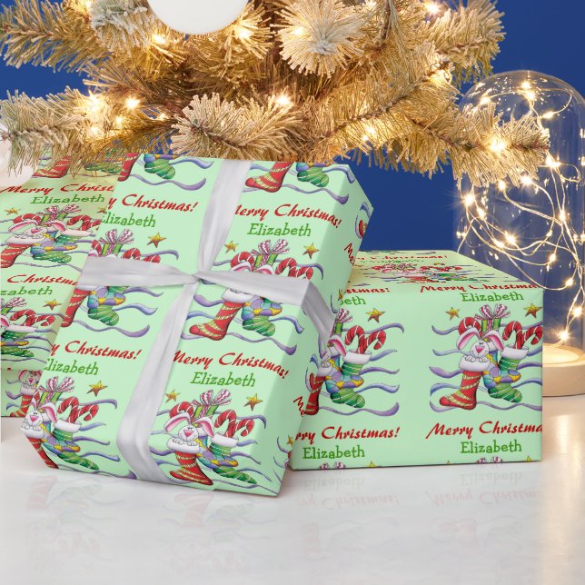 Cute Christmas Stocking Bunny Personalized Wrapping Paper (Holidays)