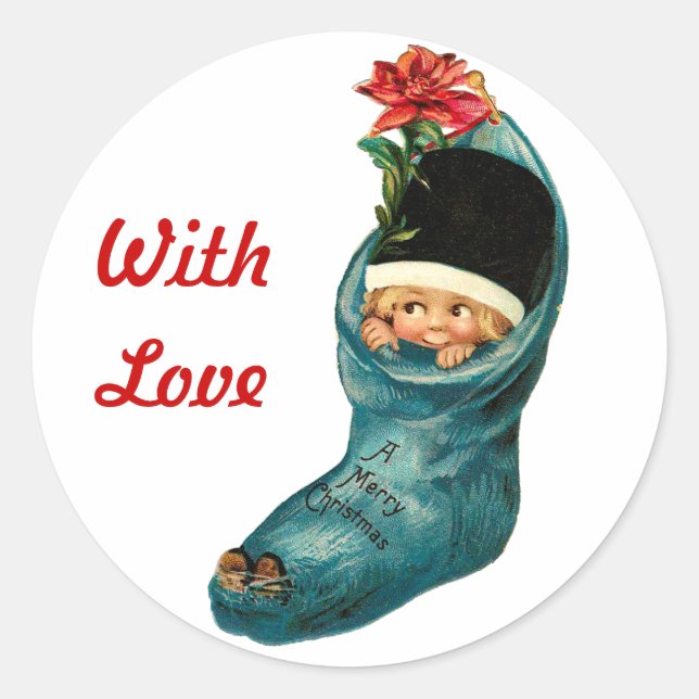 Cute Christmas Stocking ,Little Child,White Red Classic Round Sticker (Front)