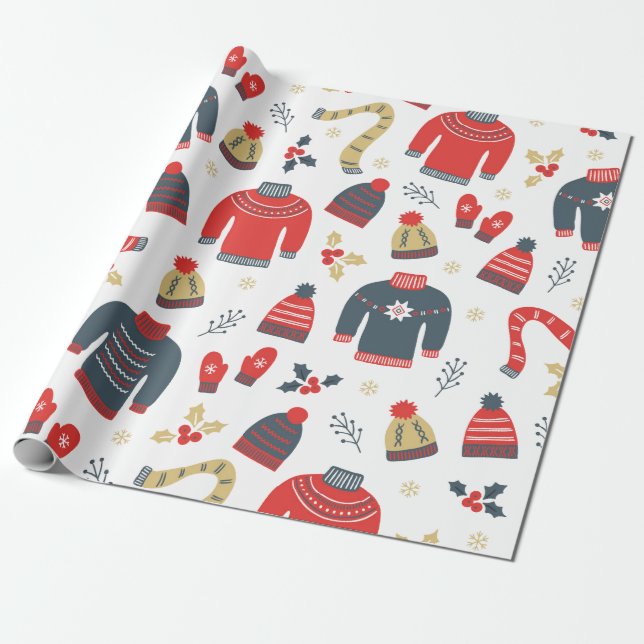 Cute Christmas Sweaters & Hats Pattern Wrapping Paper (Unrolled)