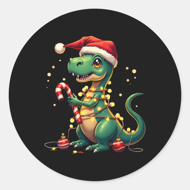 Cute Christmas T-rex Shirt Dinosaur Lights And Can Classic Round Sticker (Front)