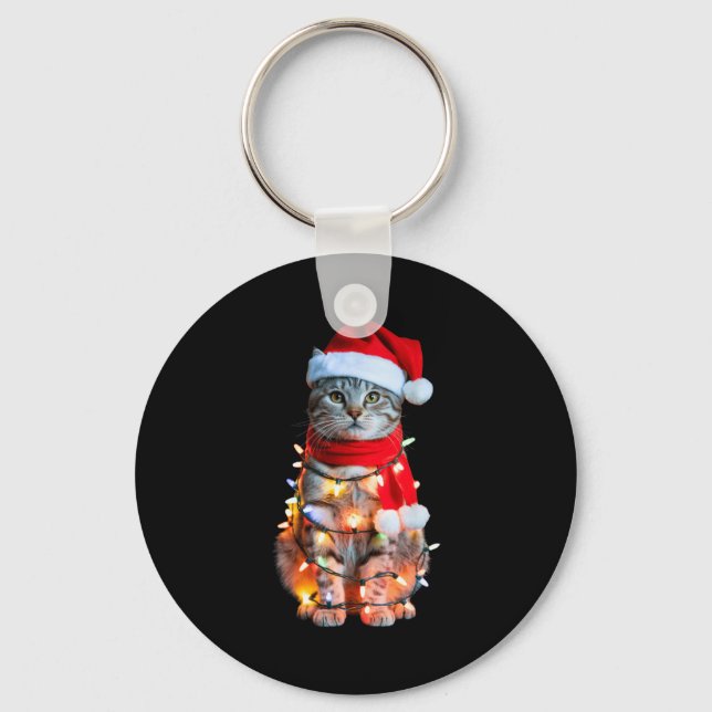 Cute Christmas Tabby Cat In Lights Santa Hat For K Keychain (Front)
