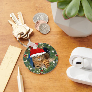Cute Christmas Tabby Cat Keychain