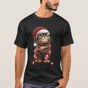 Cute Christmas Tabby Cat with Glasses Santa Hat Fe T-Shirt