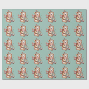 Cute Christmas Teddy Bear Holding Gift Watercolor Wrapping Paper