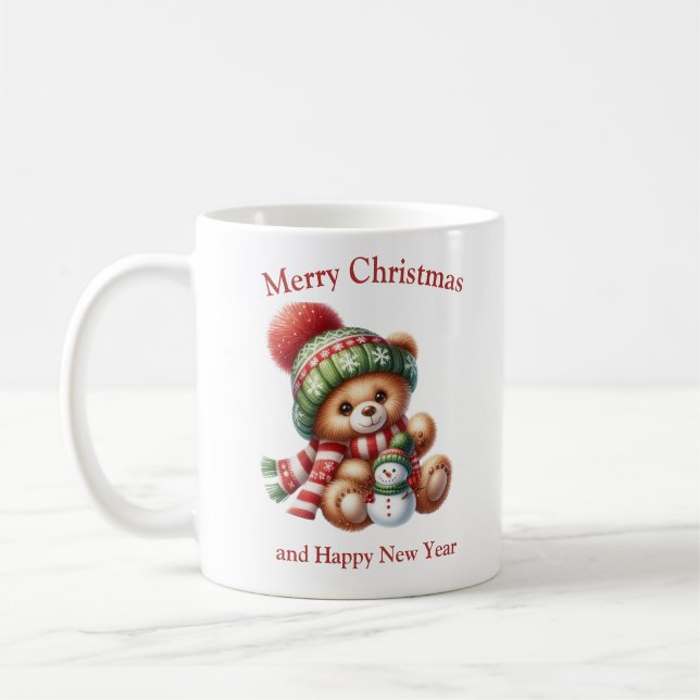 Cute Christmas teddy bear hug snowman mistletoe Coffee Mug (Left)