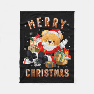 Cute Christmas Teddy Bear Santa Claus  Fleece Blanket