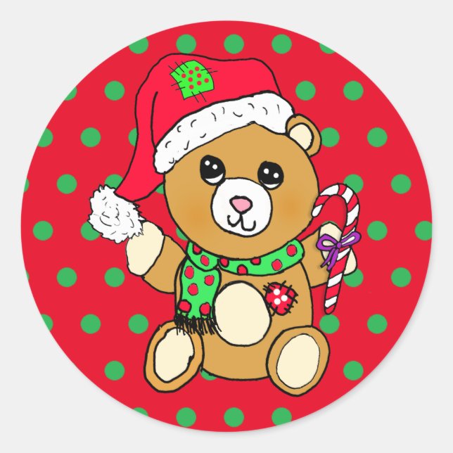 Cute Christmas Teddy Bear with Candy Cane Classic Round Sticker (Front)