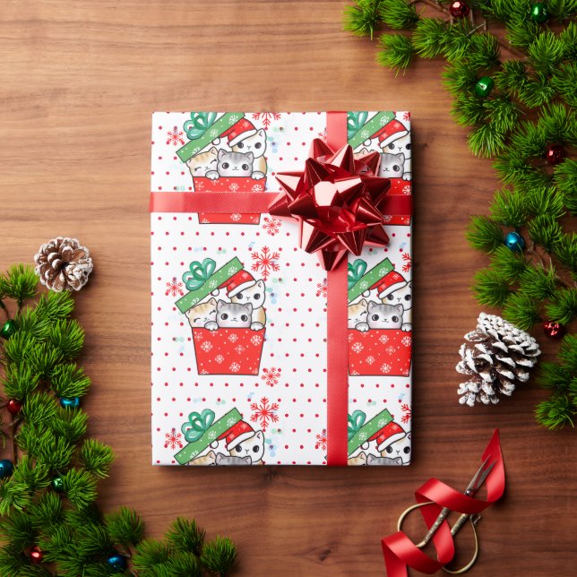 Cute Christmas Theme Kittens in Gift Box Wrapping Paper (Holiday Gift)