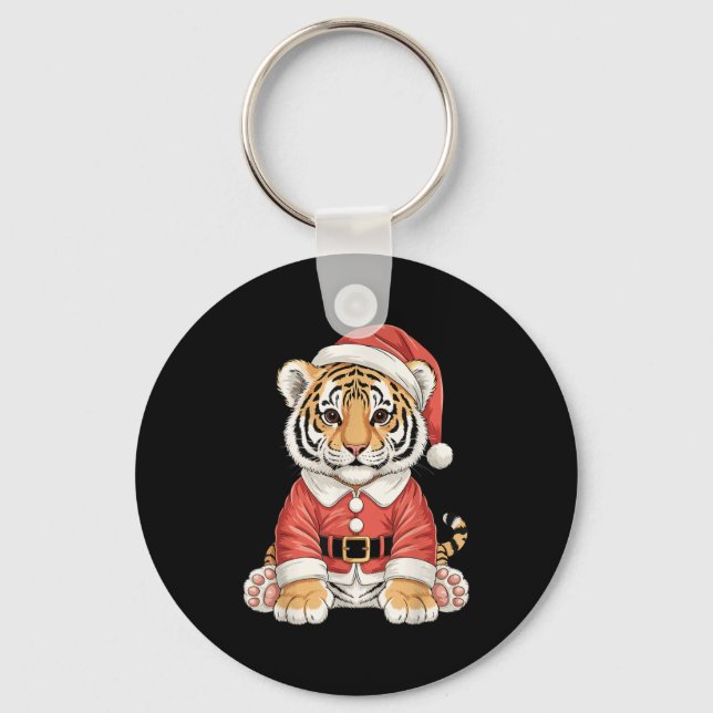 Cute Christmas Tiger Santa Safari Animal  Keychain (Front)