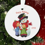 Cute Christmas Tots with Mrs Snowman Acrylic Ornament<br><div class="desc">Personalize this acrylic holiday ornament with your own date and other text front and back. Darling nostalgic image of a two cute tots (boy,  girl) hugging Mrs SnowLady. See also other ornaments and items in this design collection.</div>