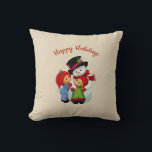 Cute Christmas Tots with Mrs Snowman Pillow<br><div class="desc">Personalize this holiday throw pillow with your own text caption and/or background colour. Darling nostalgic image of a two cute tots (boy,  girl) hugging Mrs Snow Lady. See also other coordinating pillows,  ornaments and other items in this design collection.</div>