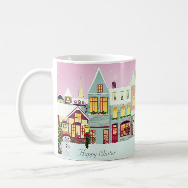 Cute Christmas Town & Snowman on Rose Gold Coffee Mug (Left)