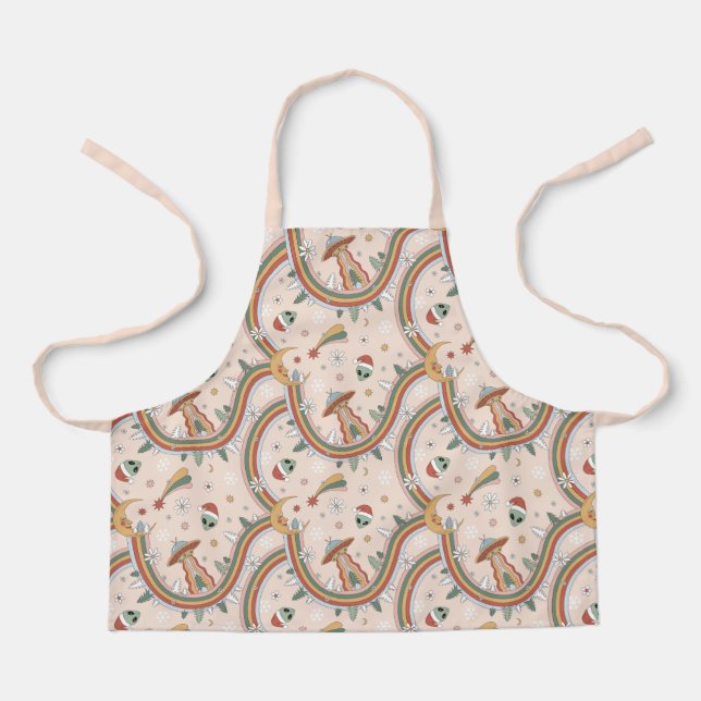 Cute Christmas Tree Alien Rainbow Holiday Pattern Apron (Front)