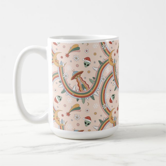 Cute Christmas Tree Alien Rainbow Holiday Pattern Coffee Mug (Left)