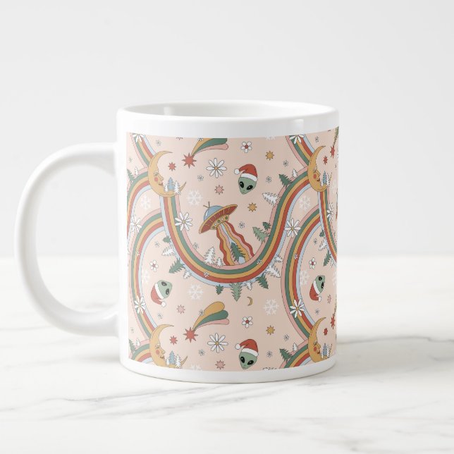 Cute Christmas Tree Alien Rainbow Holiday Pattern Large Coffee Mug (Left)