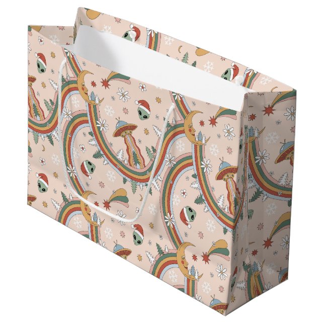 Cute Christmas Tree Alien Rainbow Holiday Pattern Large Gift Bag (Front Angled)