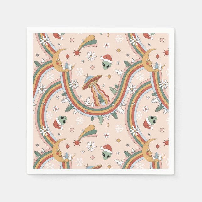 Cute Christmas Tree Alien Rainbow Holiday Pattern Napkin (Front)