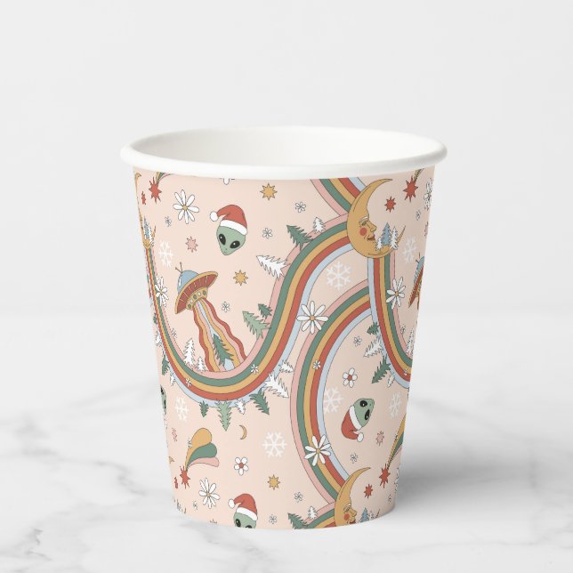 Cute Christmas Tree Alien Rainbow Holiday Pattern Paper Cups (Front)