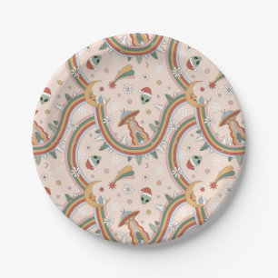 Cute Christmas Tree Alien Rainbow Holiday Pattern Paper Plate