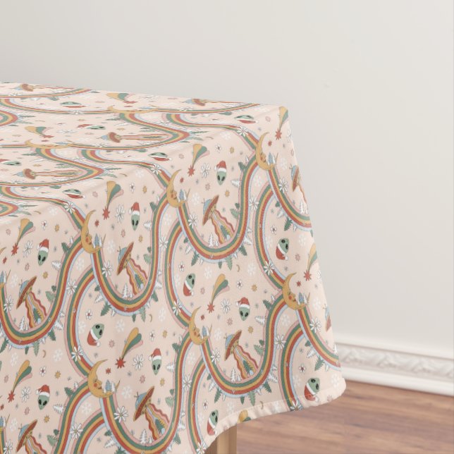 Cute Christmas Tree Alien Rainbow Holiday Pattern Tablecloth (In Situ)