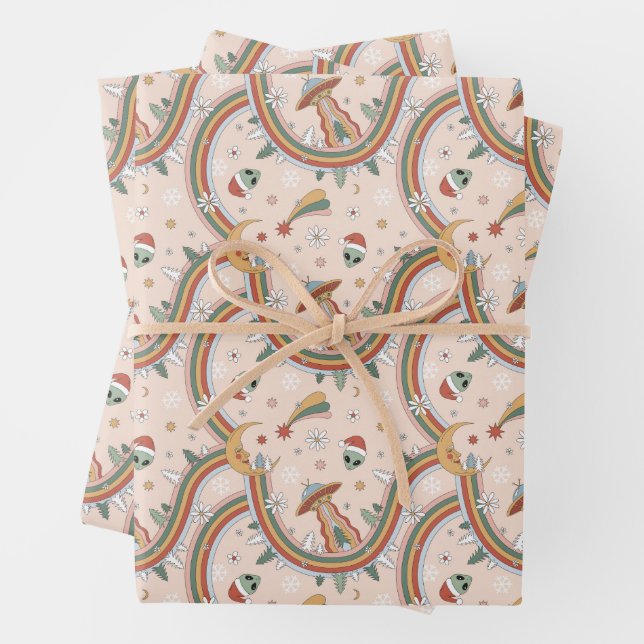 Cute Christmas Tree Alien Rainbow Holiday Pattern Wrapping Paper Sheet (In situ)