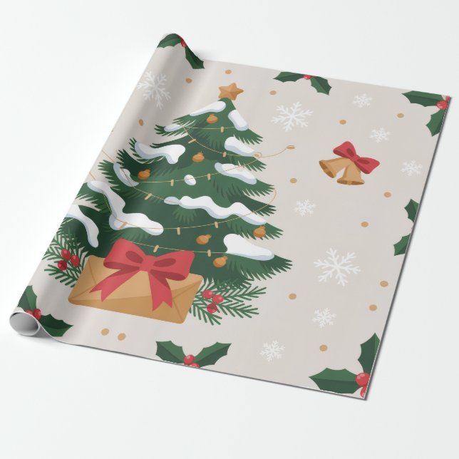 Cute Christmas Tree and Bells Wrapping Paper (Unrolled)