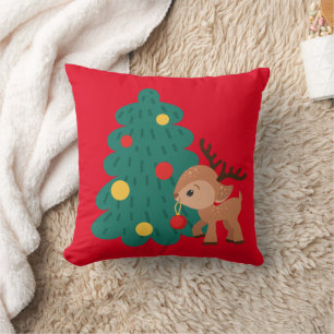 Cute Christmas tree and deer kids Throw Pillow